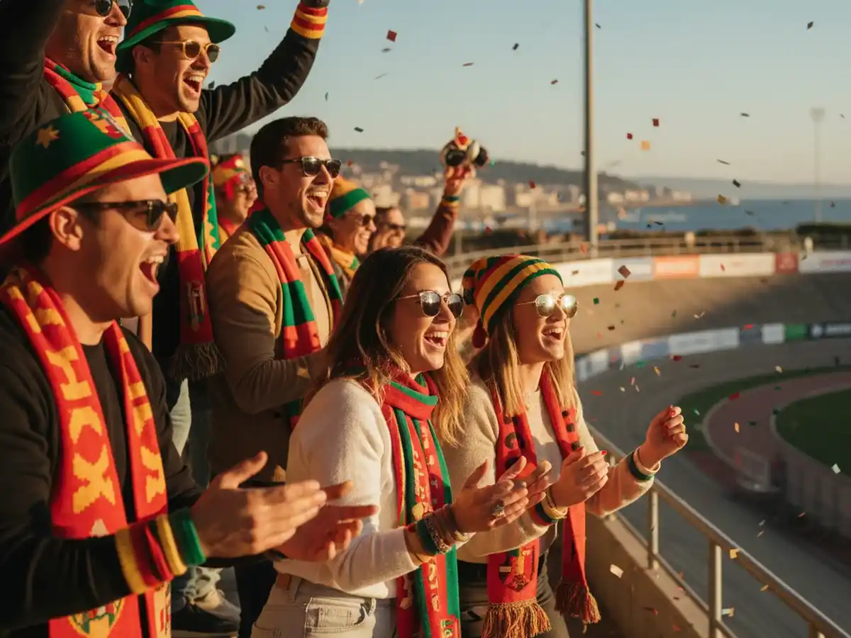 Ambiente en fan zone con público y puestos en evento deportivo